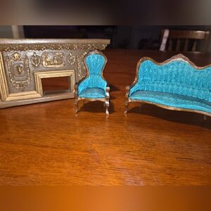 Vintage Dollhouse Miniature Victorian Sofa And Chair With Fireplace Mantal 1:12